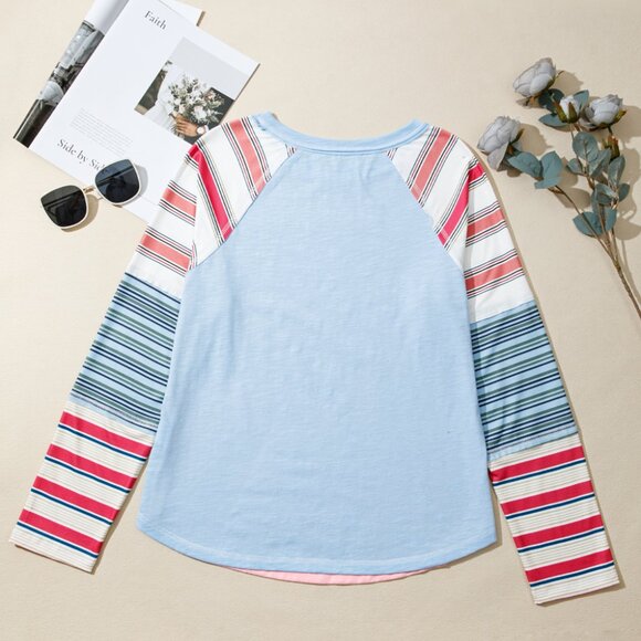 B354 Pink Color Block Round Neck Exposed Seam Patchwork Striped Long Sleeve Top - Picture 5 of 11